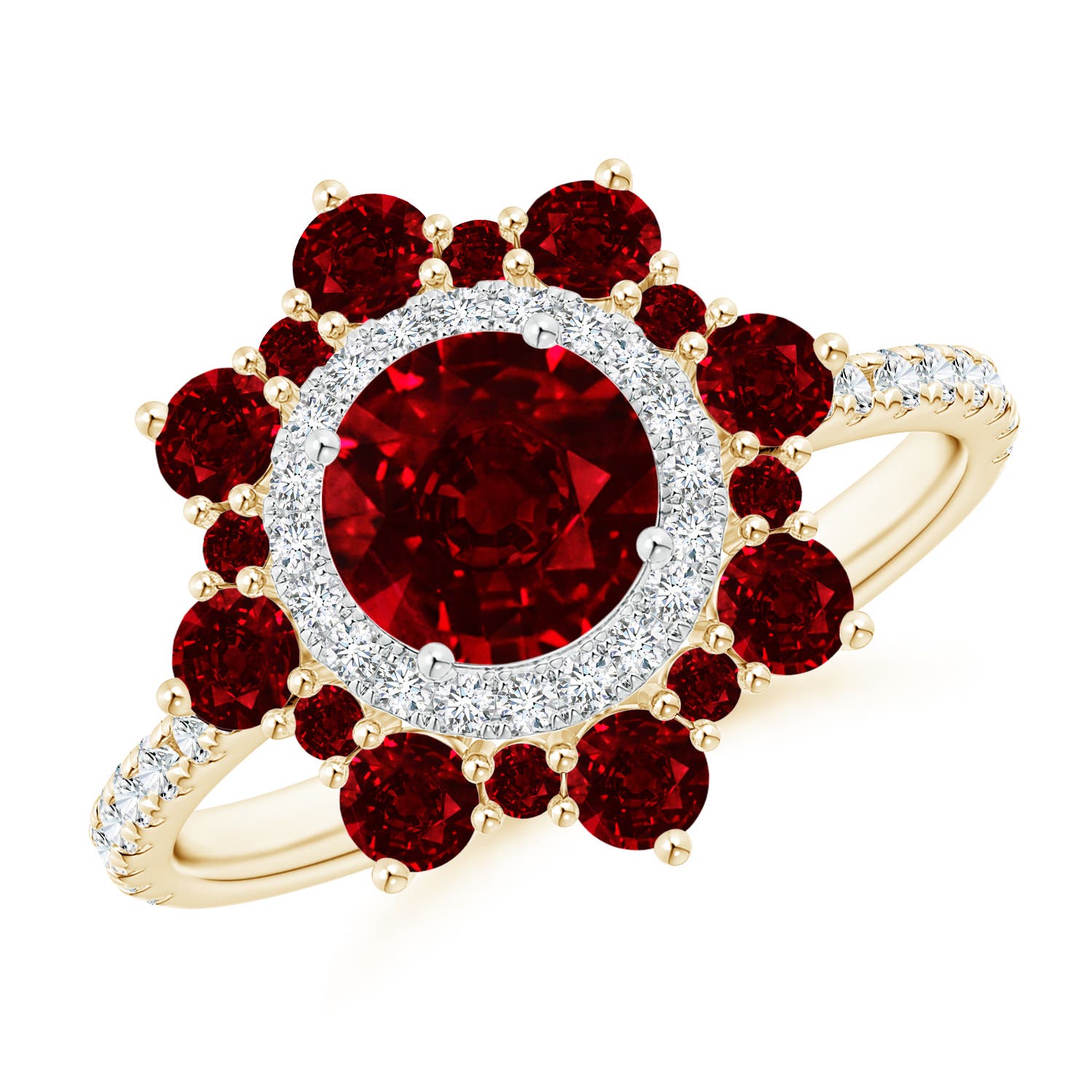 Round Ruby Two Tone Ring with Ornate Double Halo