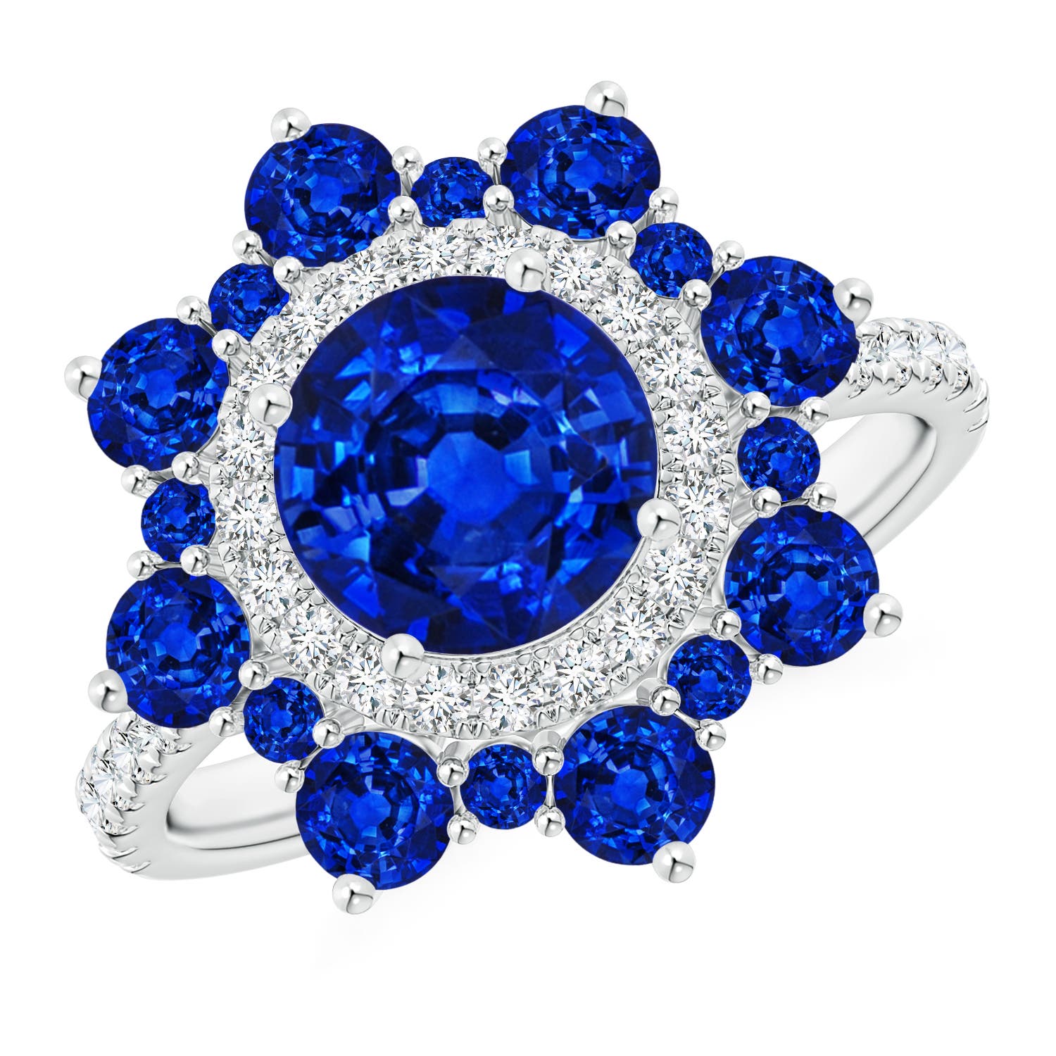 Round Sapphire Two Tone Ring with Ornate Double Halo