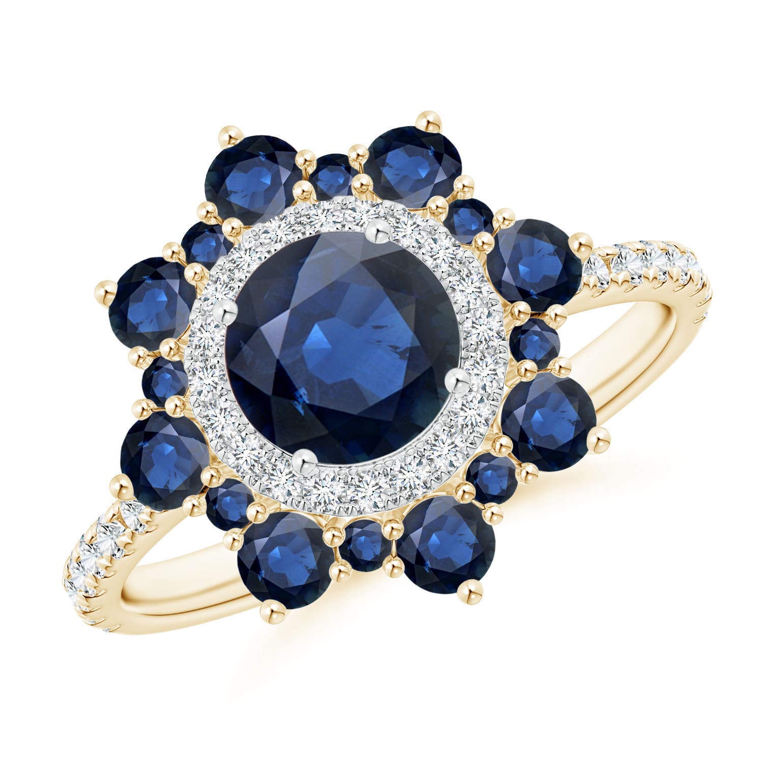 Round Sapphire Two Tone Ring with Ornate Double Halo