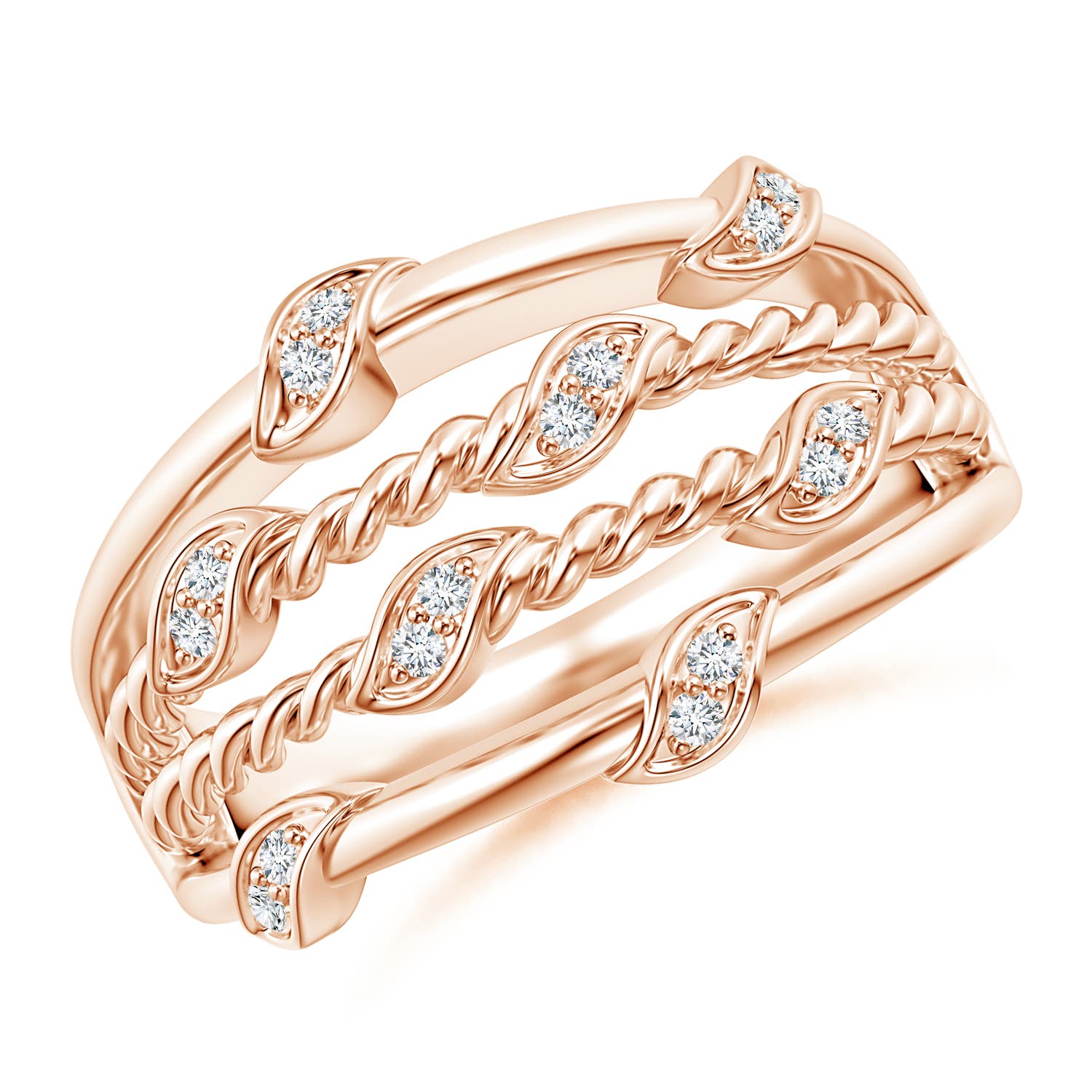 Pave-Set Diamond Twisted Rope Ring with Leaf Motifs