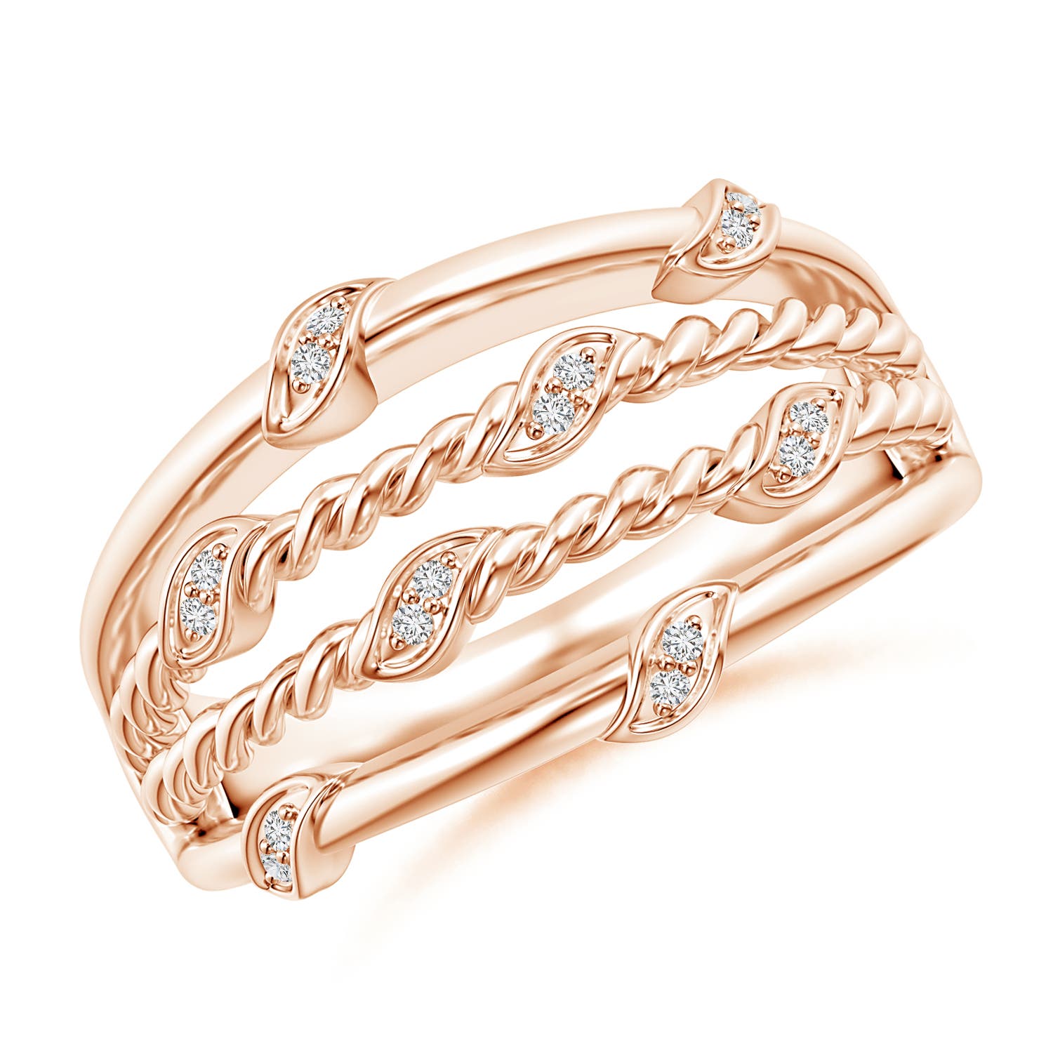 Pave-Set Diamond Twisted Rope Ring with Leaf Motifs