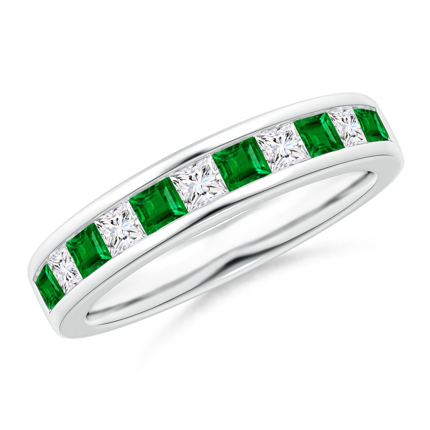 Channel Square Emerald and Diamond Half Eternity Band