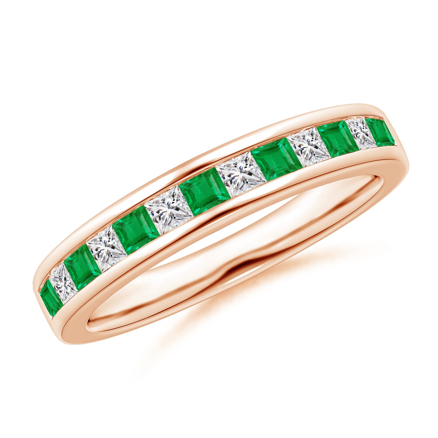 Channel Square Emerald and Diamond Half Eternity Band
