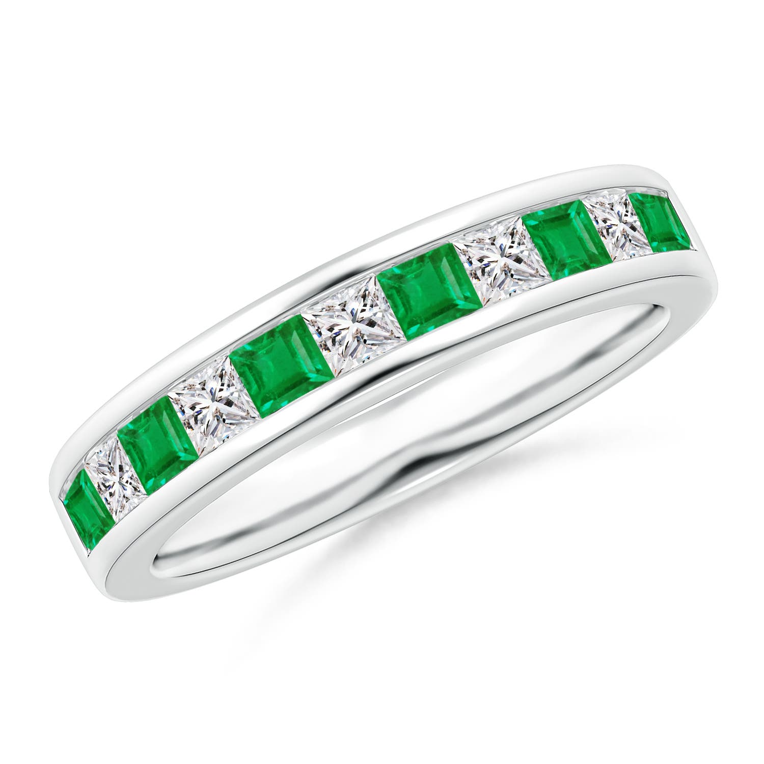 Channel Square Emerald and Diamond Half Eternity Band