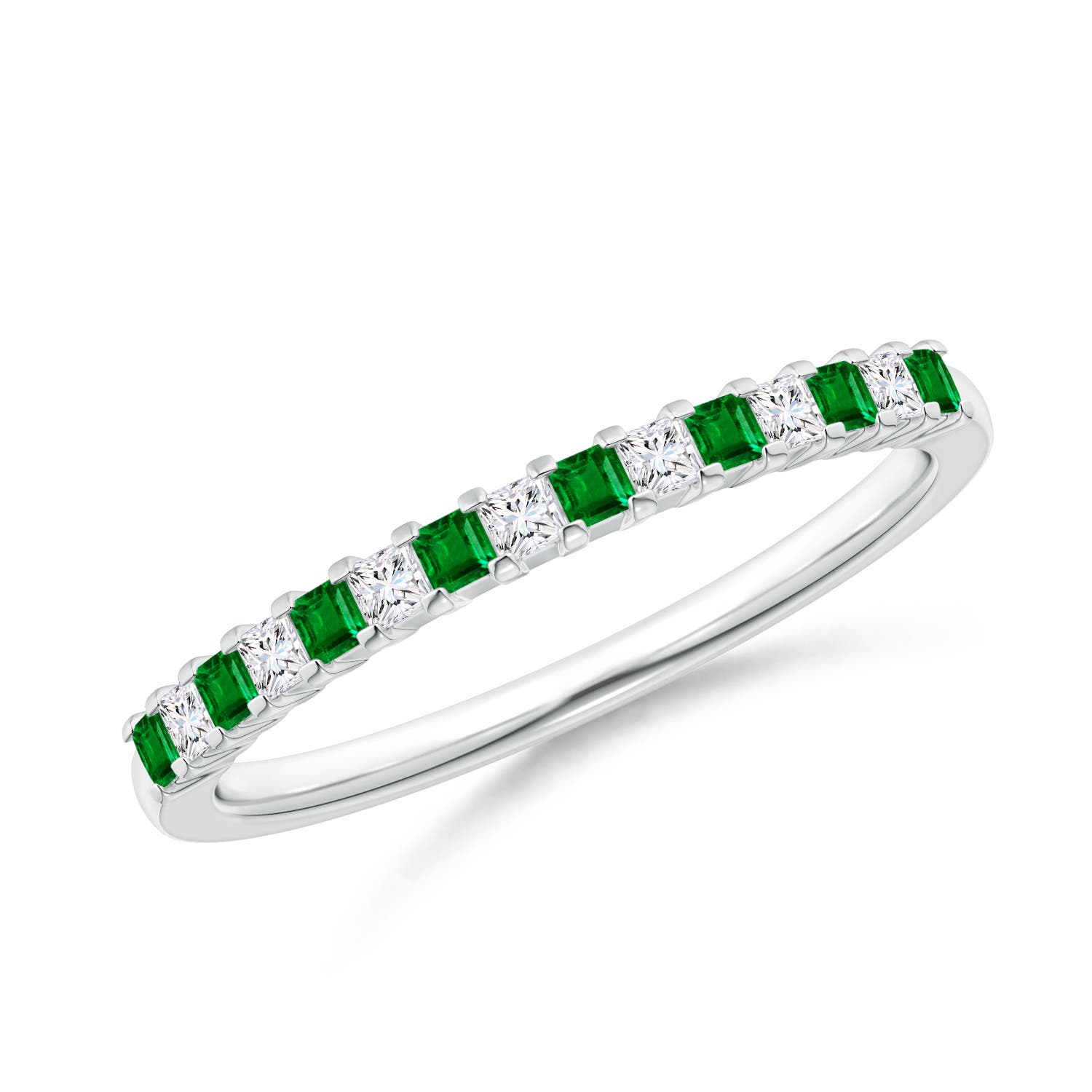 Square Emerald and Princess Diamond Semi Eternity Classic Wedding Band
