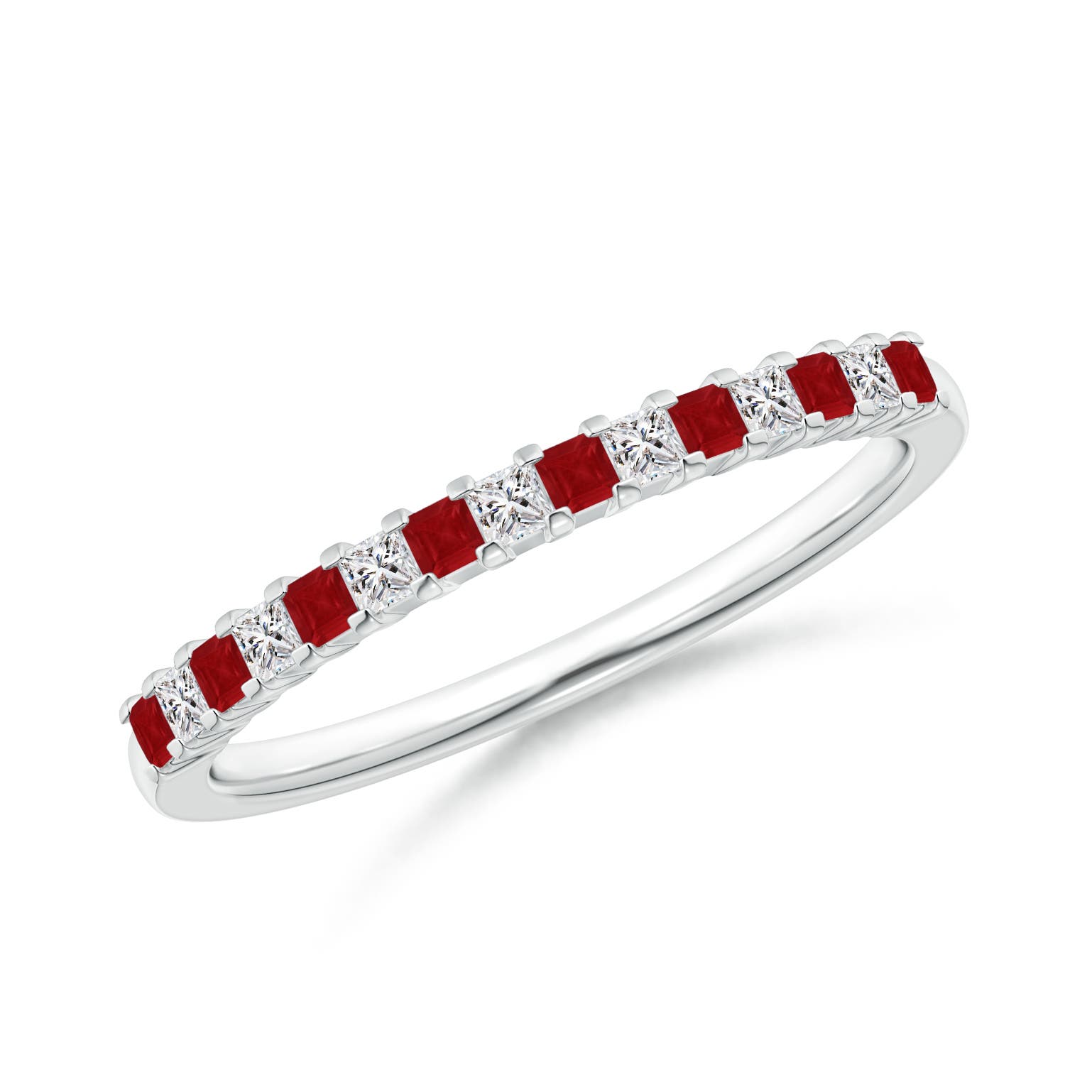 Square Ruby and Princess Diamond Semi Eternity Classic Wedding Band