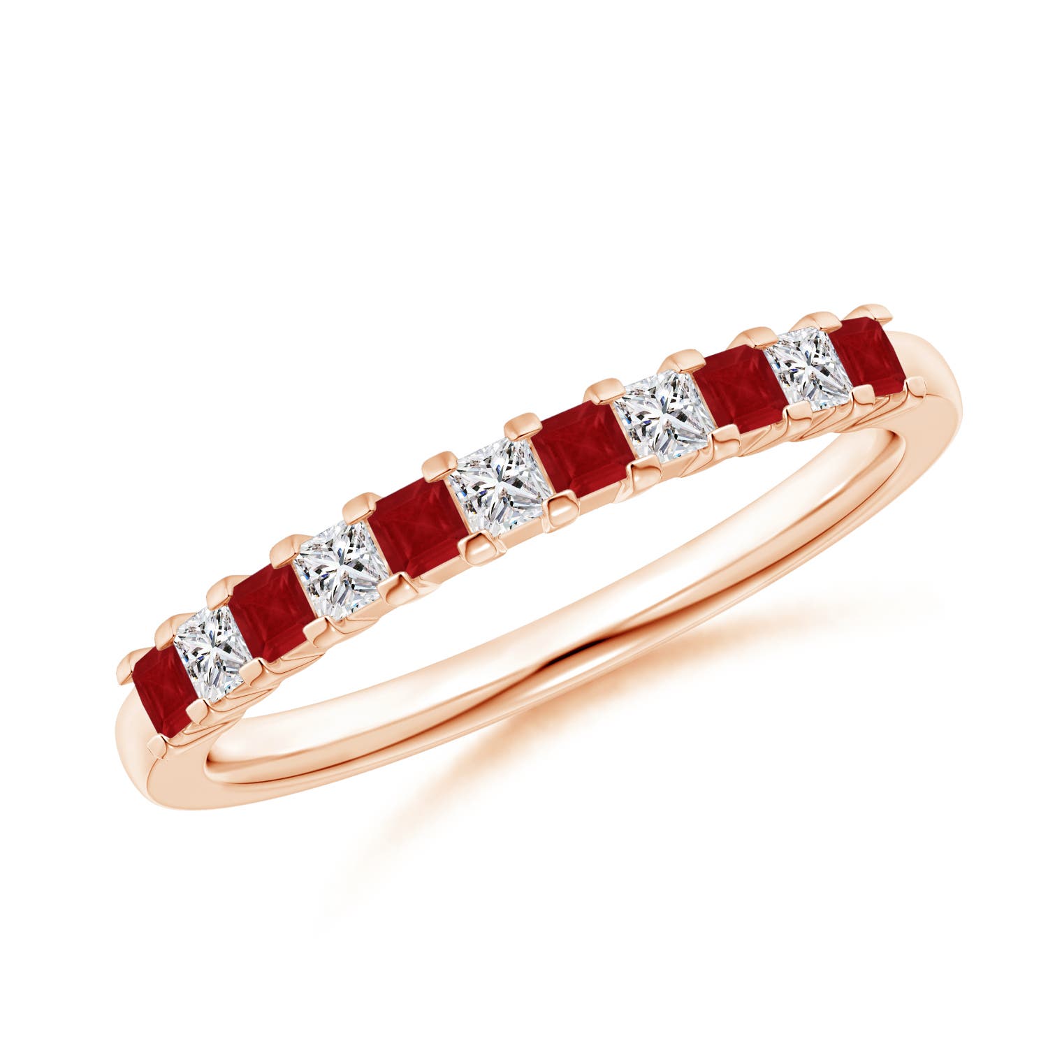 Square Ruby and Princess Diamond Semi Eternity Classic Wedding Band