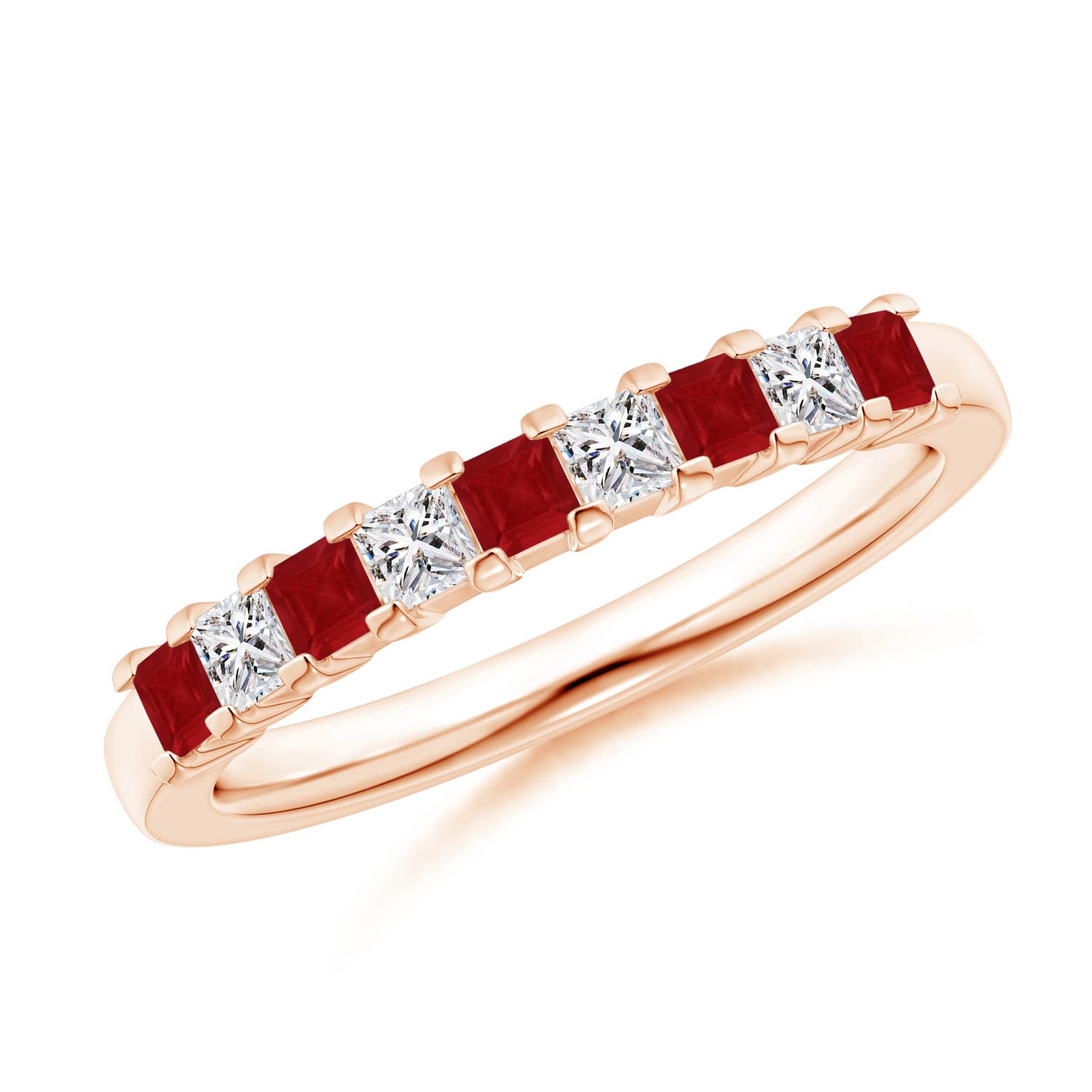 Square Ruby and Princess Diamond Semi Eternity Classic Wedding Band