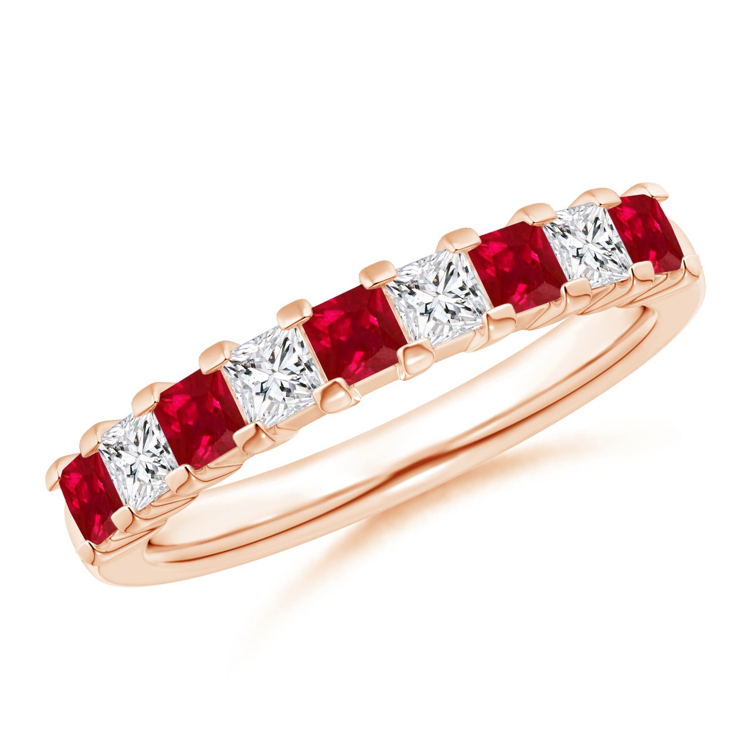 Square Ruby and Princess Diamond Semi Eternity Classic Wedding Band