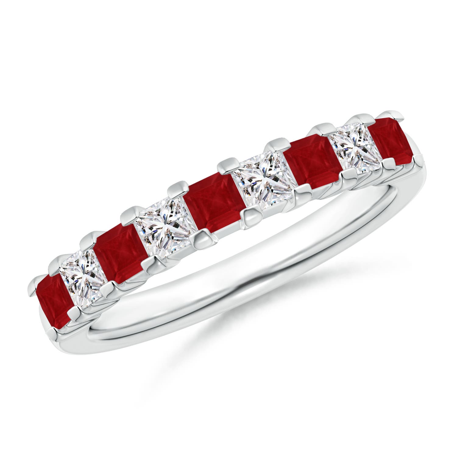 Square Ruby and Princess Diamond Semi Eternity Classic Wedding Band