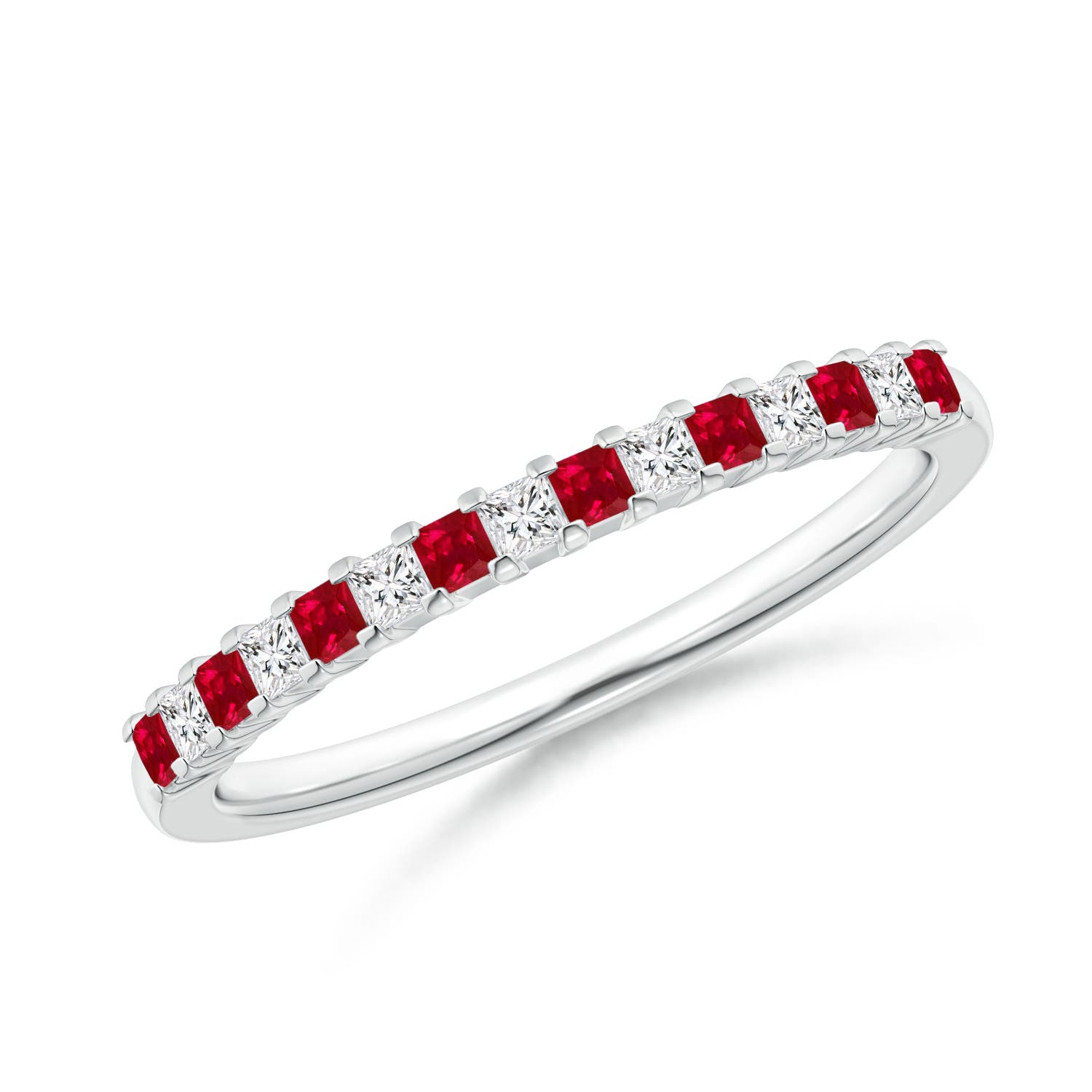 Square Ruby and Princess Diamond Semi Eternity Classic Wedding Band