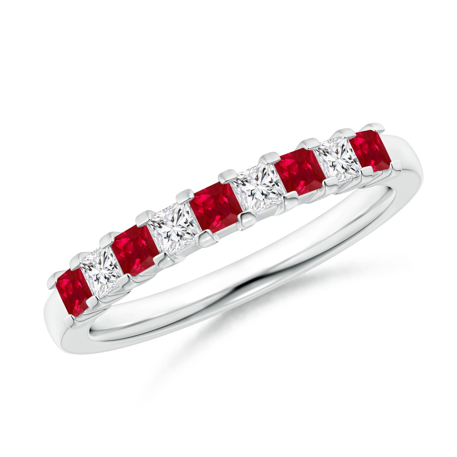 Square Ruby and Princess Diamond Semi Eternity Classic Wedding Band