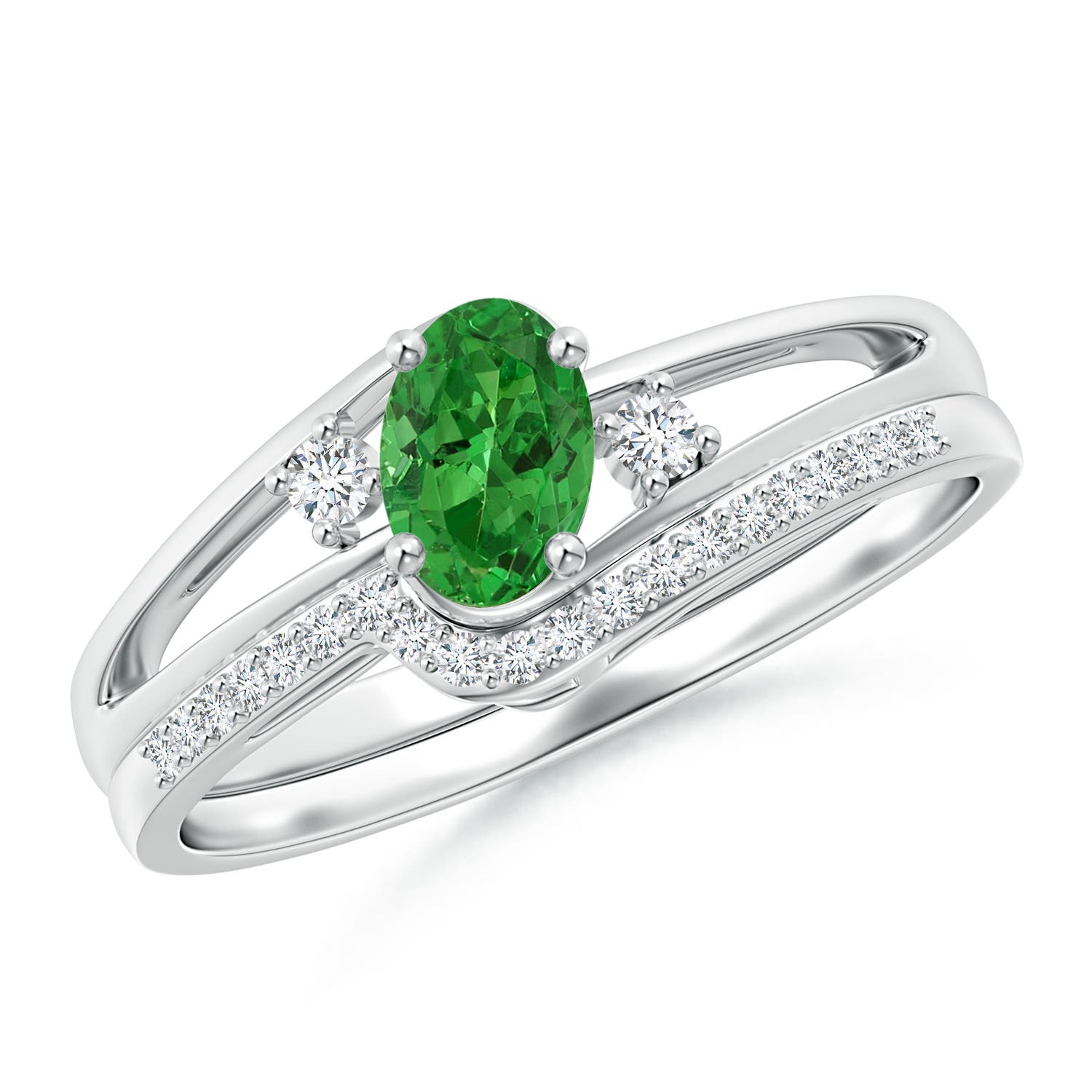 Oval Tsavorite and Diamond Wedding Band Ring Set