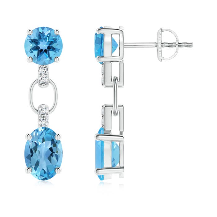 Round and Oval Swiss Blue Topaz Dangle Earrings | Angara