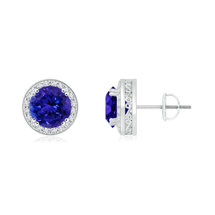 Round Tanzanite Stud Earrings with Diamond Halo | Angara