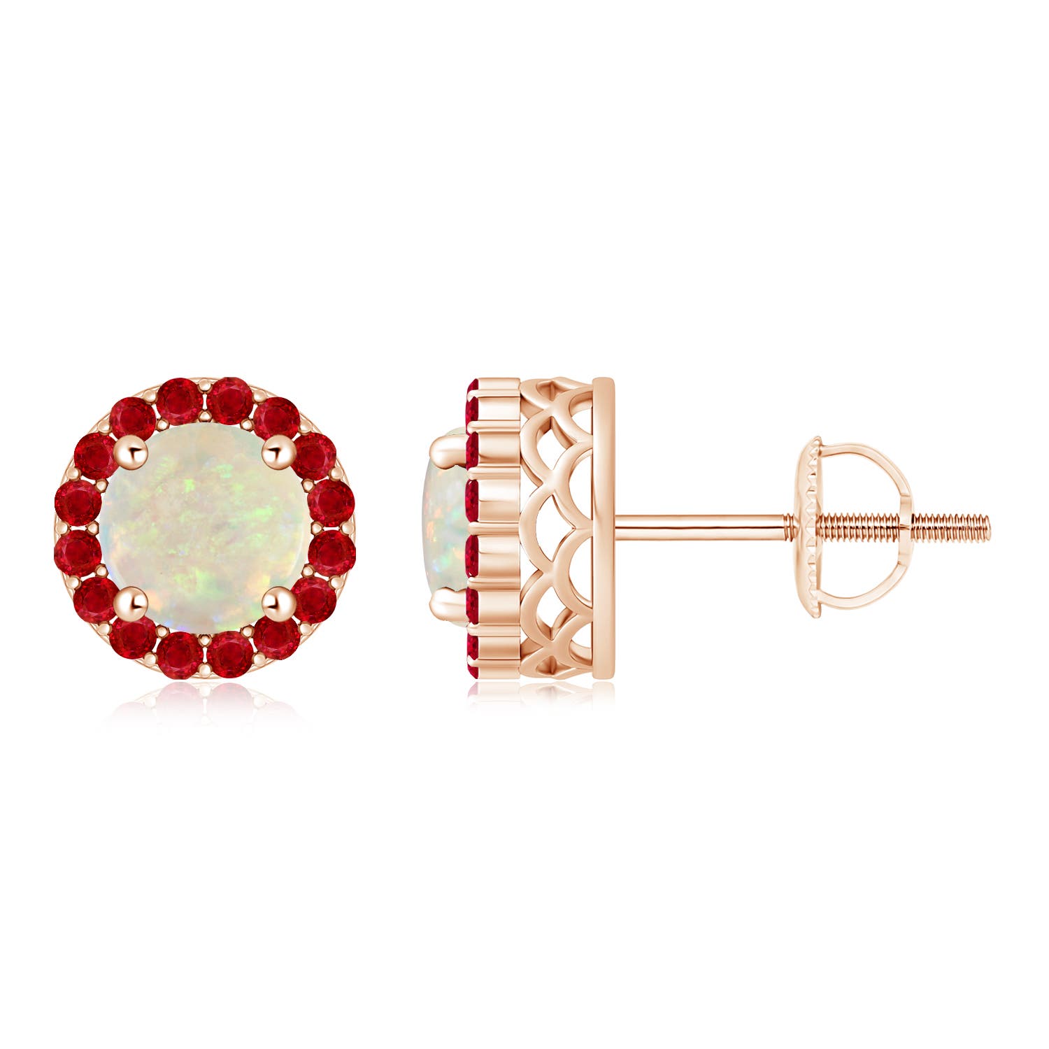 Round Opal And Ruby Halo Stud Earrings Angara This Item Round Opal And Ruby Halo Stud Earrings 1 049