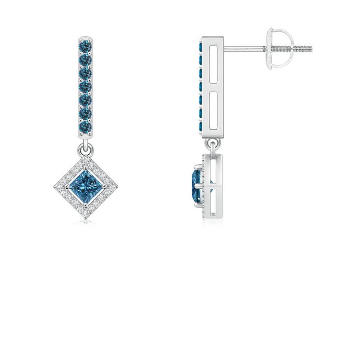 Floating Princess-Cut Enhanced Blue Diamond Dangle Earrings