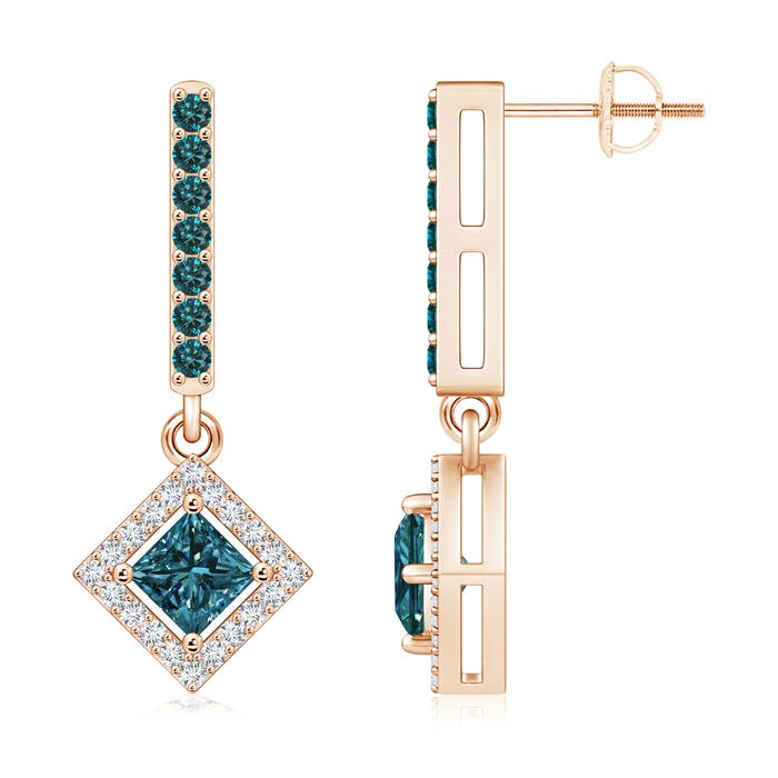 Floating Princess-Cut Enhanced Blue Diamond Dangle Earrings