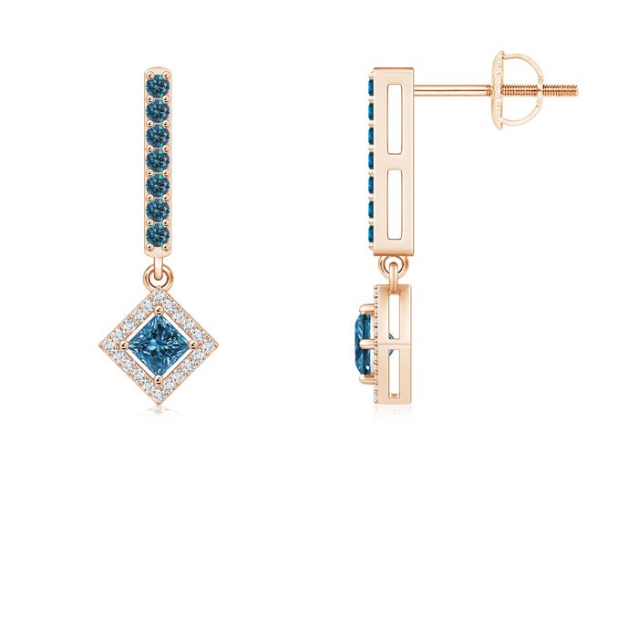 Floating Princess-Cut Enhanced Blue Diamond Dangle Earrings