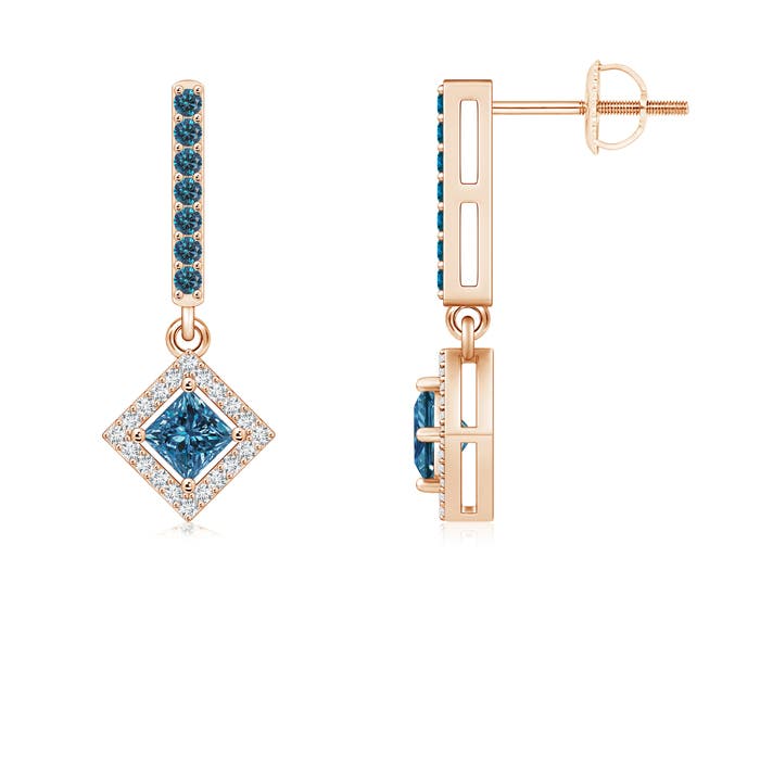 Floating Princess-Cut Enhanced Blue Diamond Dangle Earrings