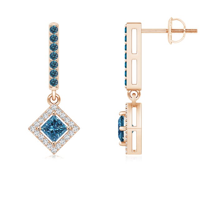Floating Princess-Cut Enhanced Blue Diamond Dangle Earrings
