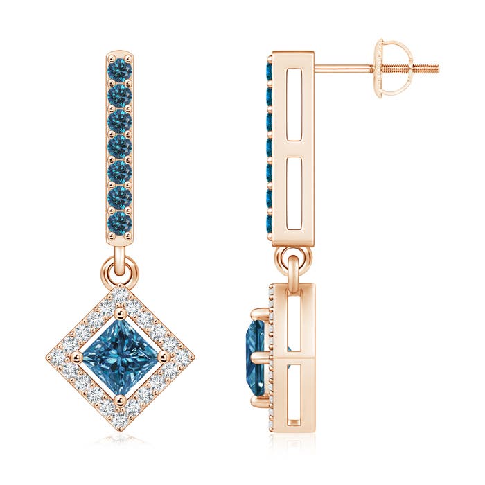 Floating Princess-Cut Enhanced Blue Diamond Dangle Earrings
