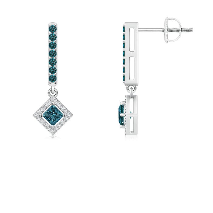 Floating Princess-Cut Enhanced Blue Diamond Dangle Earrings