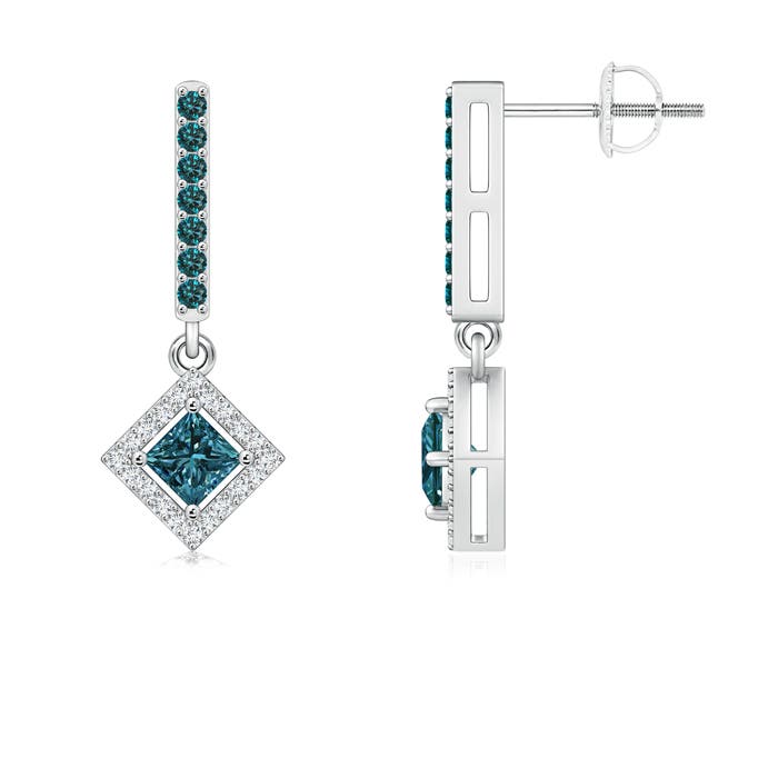 Floating Princess Cut Enhanced Blue Diamond Dangle Earrings Angara This Item Floating Princess Cut Enhanced Blue Diamond Dangle Earrings 1 079