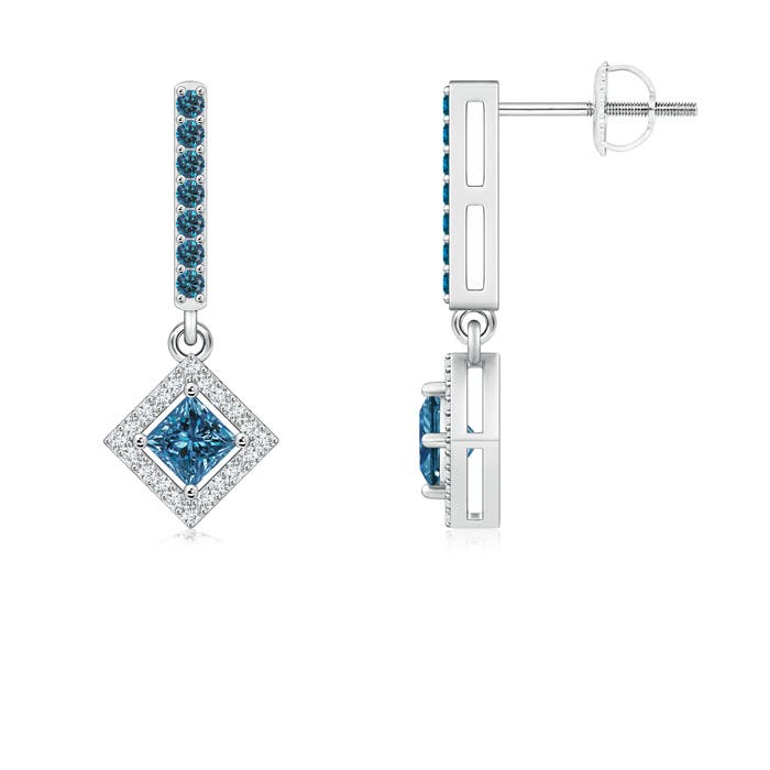Floating Princess-Cut Enhanced Blue Diamond Dangle Earrings