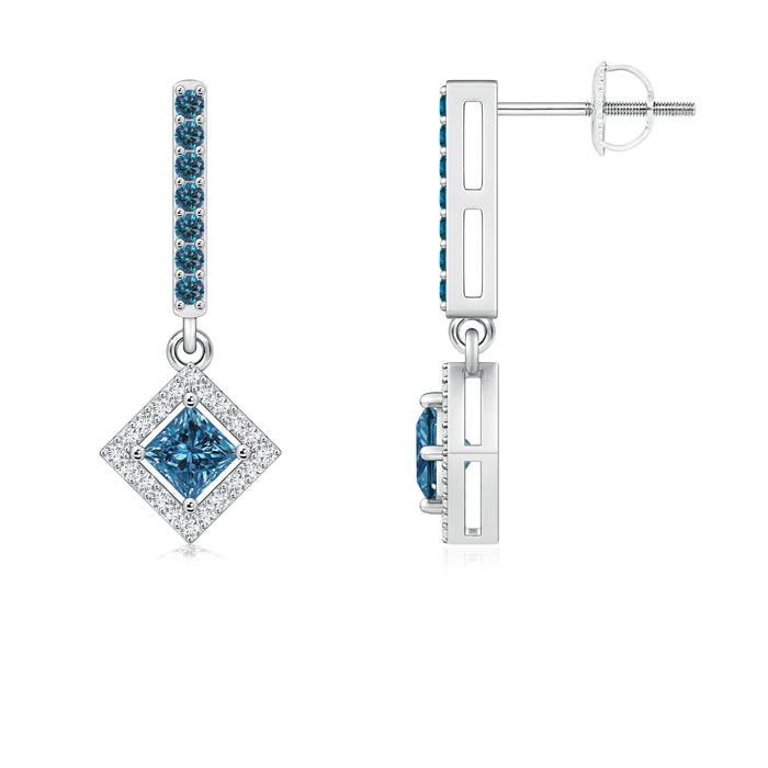 Floating Princess-Cut Enhanced Blue Diamond Dangle Earrings