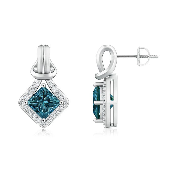 Princess-Cut Enhanced Blue Diamond Love Knot Earrings