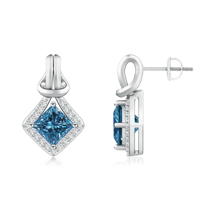 Princess-Cut Enhanced Blue Diamond Love Knot Earrings