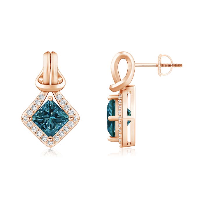 Princess-Cut Enhanced Blue Diamond Love Knot Earrings