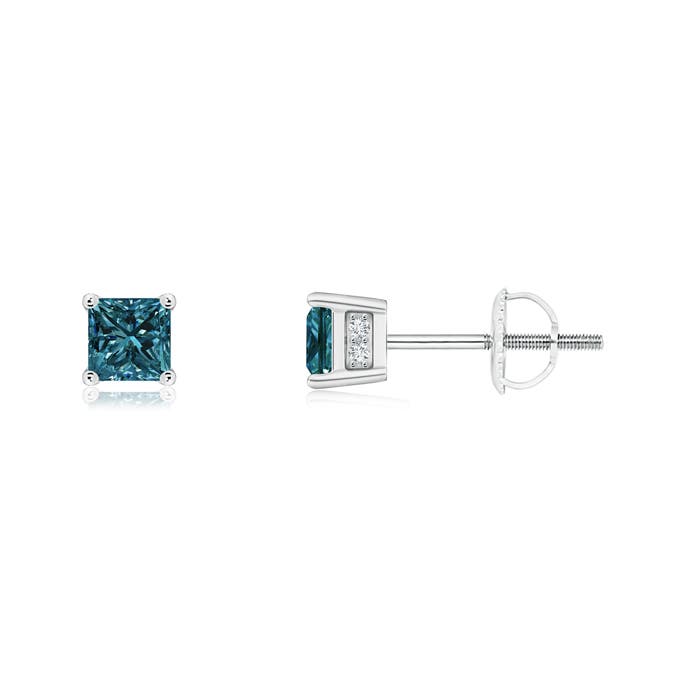 Princess-Cut Enhanced Blue Diamond Solitaire Stud Earrings
