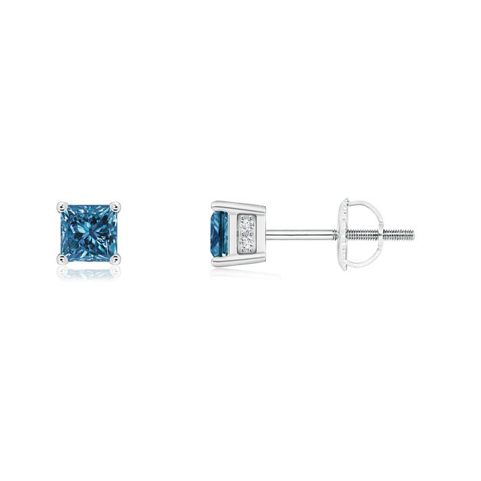 Princess-Cut Enhanced Blue Diamond Solitaire Stud Earrings