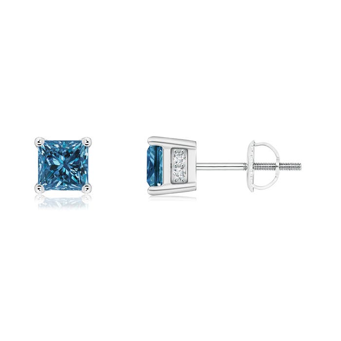 Princess-Cut Enhanced Blue Diamond Solitaire Stud Earrings