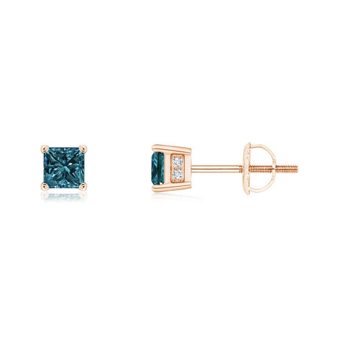 Princess-Cut Enhanced Blue Diamond Solitaire Stud Earrings