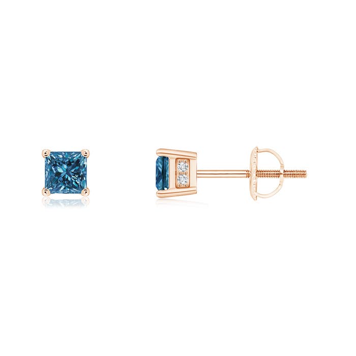 Princess-Cut Enhanced Blue Diamond Solitaire Stud Earrings