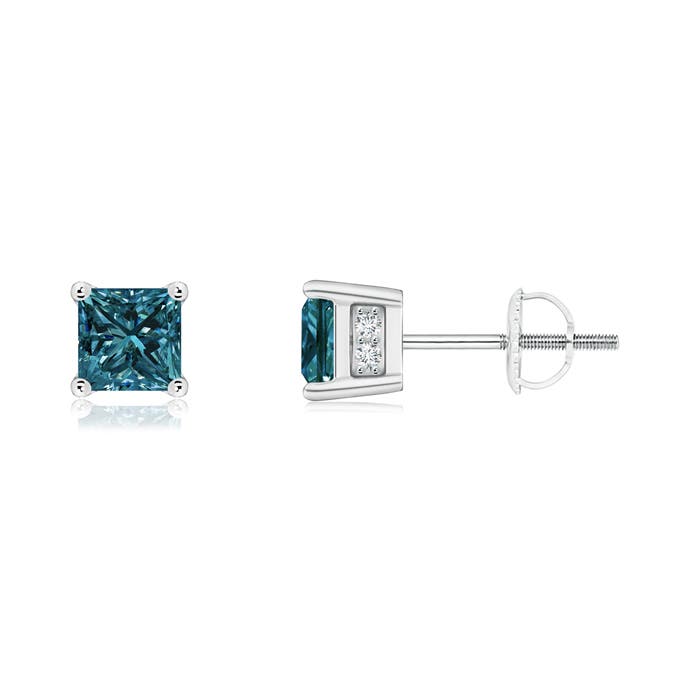 Princess-Cut Enhanced Blue Diamond Solitaire Stud Earrings