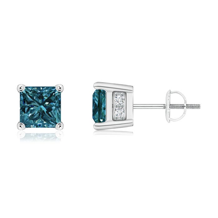 Princess-Cut Enhanced Blue Diamond Solitaire Stud Earrings