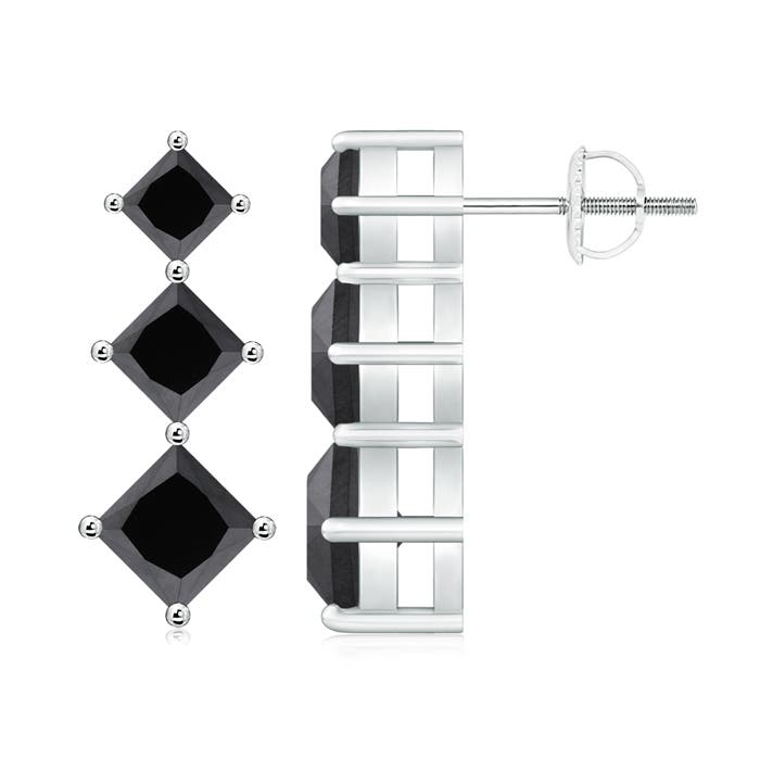 Princess-Cut Enhanced Black Diamond Three Stone Earrings