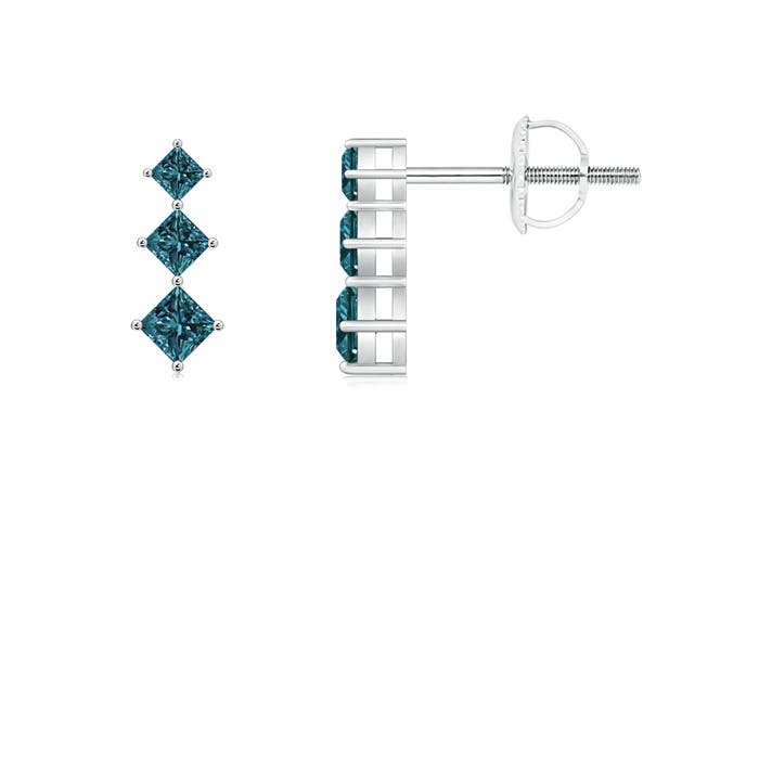 Princess-Cut Enhanced Blue Diamond Three Stone Earrings