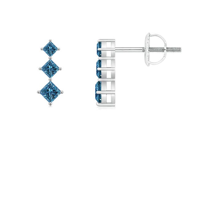 Princess-Cut Enhanced Blue Diamond Three Stone Earrings