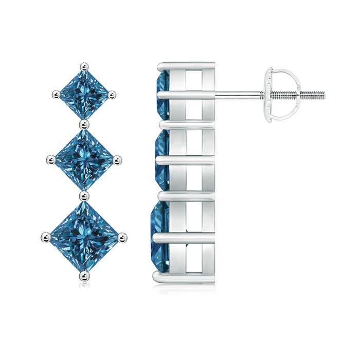 Princess-Cut Enhanced Blue Diamond Three Stone Earrings