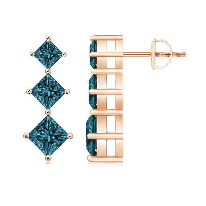 Princess-Cut Enhanced Blue Diamond Three Stone Earrings