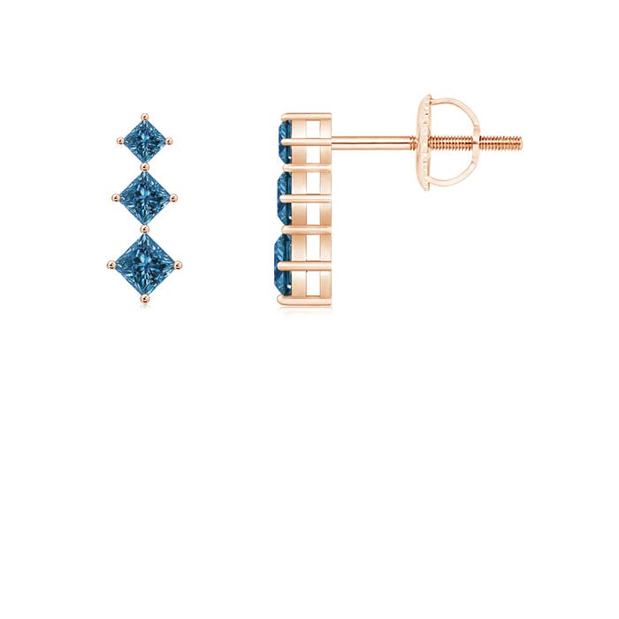 Princess-Cut Enhanced Blue Diamond Three Stone Earrings