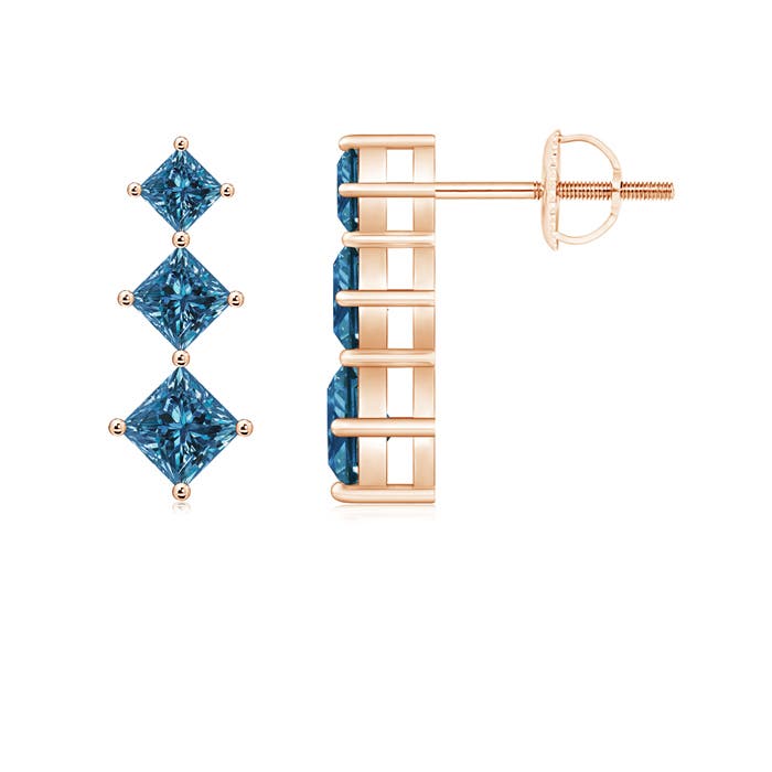 Princess-Cut Enhanced Blue Diamond Three Stone Earrings