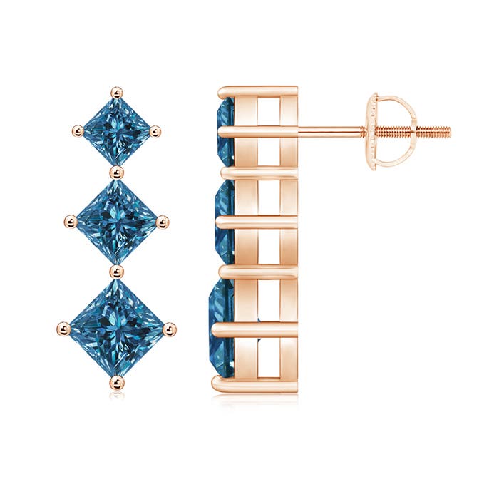 Princess-Cut Enhanced Blue Diamond Three Stone Earrings
