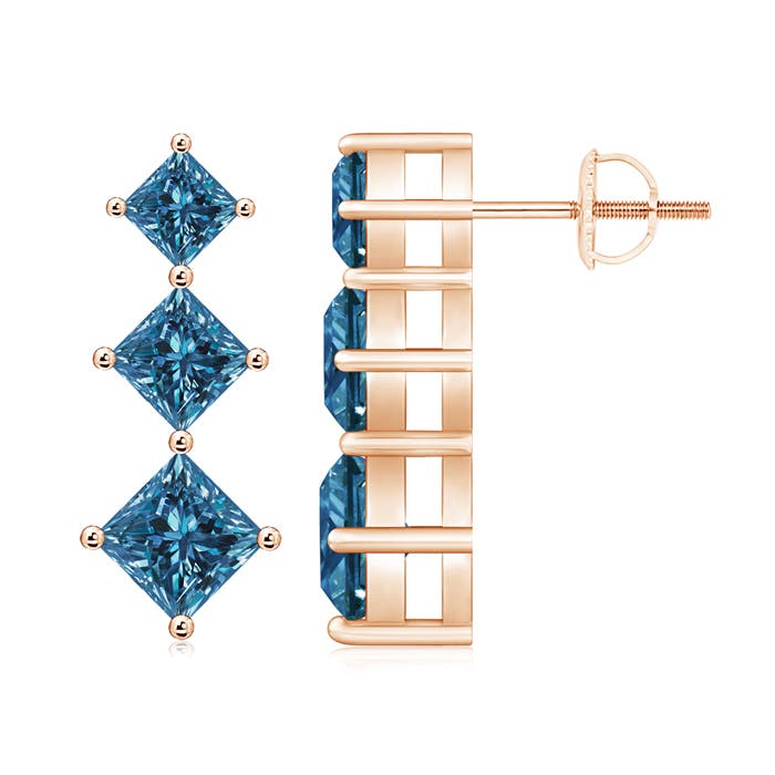 Princess-Cut Enhanced Blue Diamond Three Stone Earrings