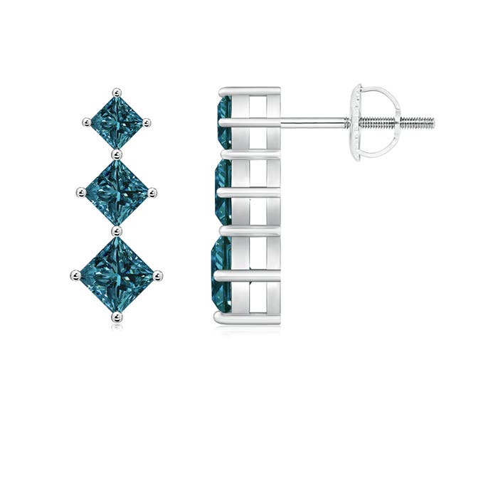 Princess-Cut Enhanced Blue Diamond Three Stone Earrings